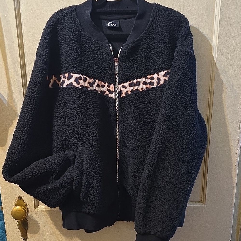 ZYIA Black Teddy Jacket with Leopard Accent